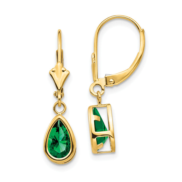 14k Yellow Gold Teardrop Dangle Earrings with Green Helenite, Leverback Drop Design