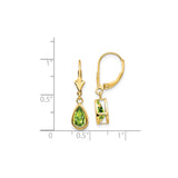 14k Yellow Gold Leverback Drop Earrings with Pear Shaped Peridot in Open Bezel Setting