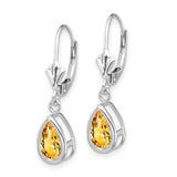 14k White Gold Dangle Earrings with Pear Cut Citrine, Bezel Setting, Leverback Drop Design