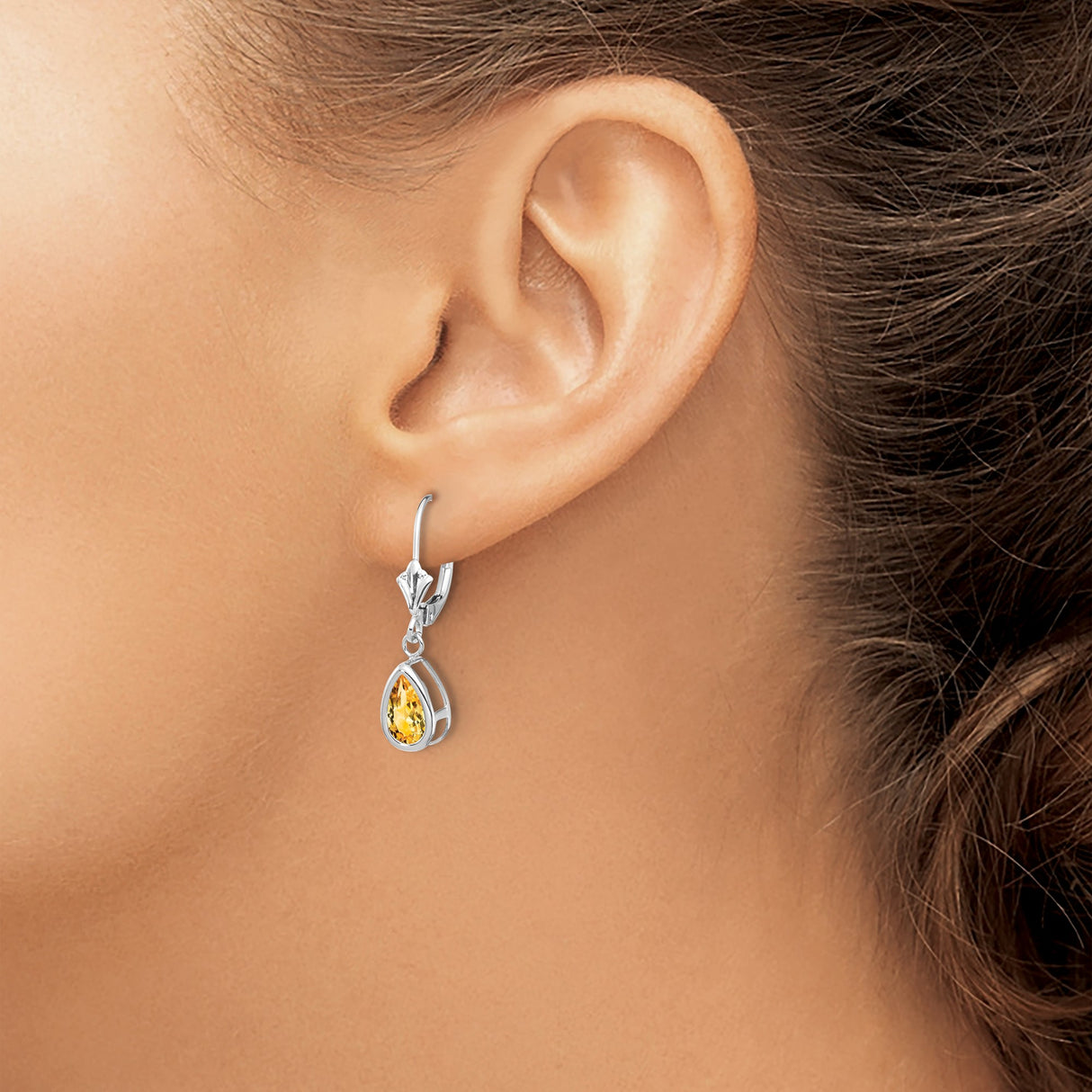 14k White Gold Dangle Earrings with Pear Cut Citrine, Bezel Setting, Leverback Drop Design