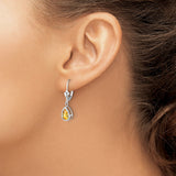 14k White Gold Dangle Earrings with Pear Cut Citrine, Bezel Setting, Leverback Drop Design