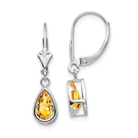 14k White Gold Dangle Earrings with Pear Cut Citrine, Bezel Setting, Leverback Drop Design
