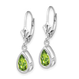 14k White Gold Dangle Earrings with Pear Shaped Peridot in Bezel Setting Leverback Design