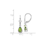 14k White Gold Dangle Earrings with Pear Shaped Peridot in Bezel Setting Leverback Design