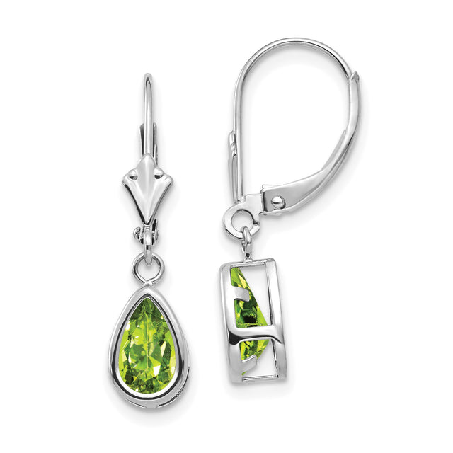 14k White Gold Dangle Earrings with Pear Shaped Peridot in Bezel Setting Leverback Design
