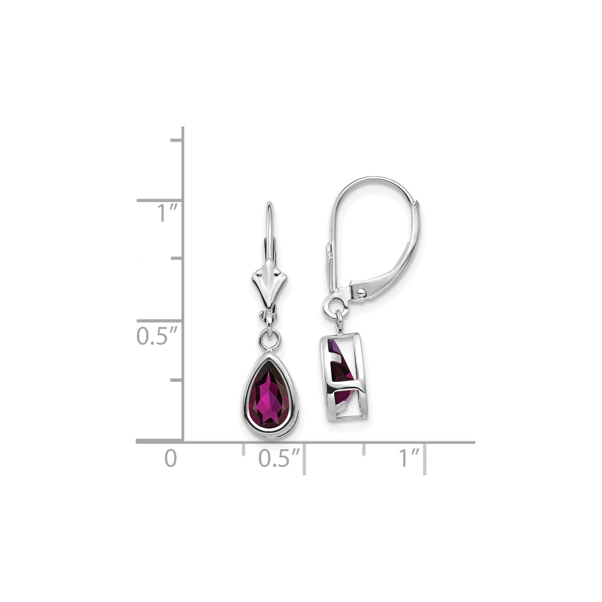 14k White Gold Dangle Earrings with Pear Shaped Rhodolite Garnet, Leverback Drop Design