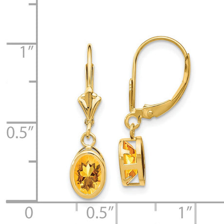 14k Yellow Gold Drop Earrings with Oval Citrine in Bezel Setting, Leverback Dangle Design for Women