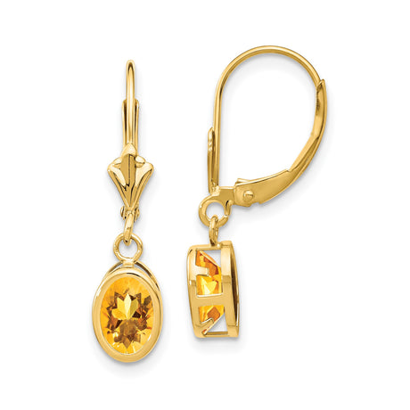 14k Yellow Gold Drop Earrings with Oval Citrine in Bezel Setting, Leverback Dangle Design for Women