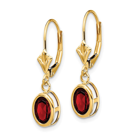 14k Yellow Gold Leverback Earrings with Garnet Drops, Vintage Inspired Dangle Design for Women