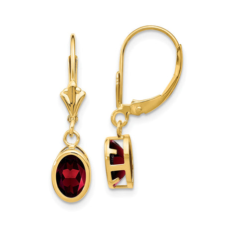 14k Yellow Gold Leverback Earrings with Garnet Drops, Vintage Inspired Dangle Design for Women