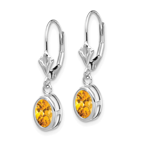 14k White Gold Dangle Earrings with Citrine Oval Gemstones in Bezel Setting