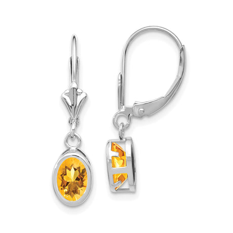 14k White Gold Dangle Earrings with Citrine Oval Gemstones in Bezel Setting