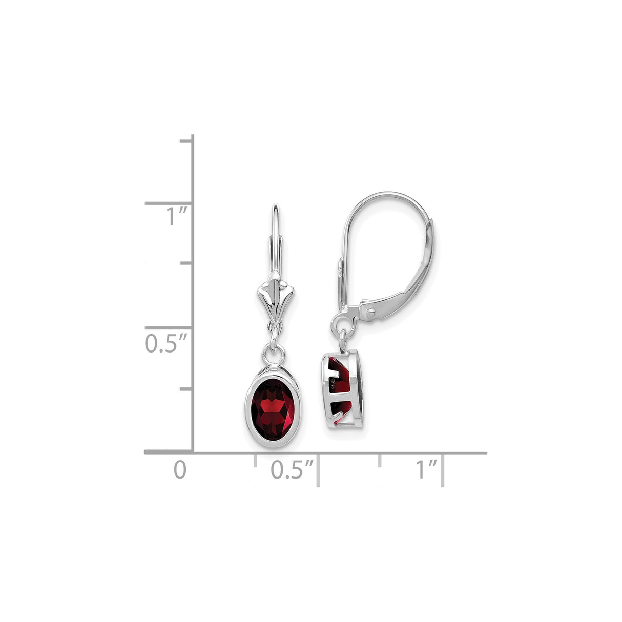 14k White Gold Drop Earrings with Garnet in Bezel Setting, Leverback Dangle Design