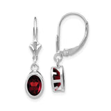 14k White Gold Drop Earrings with Garnet in Bezel Setting, Leverback Dangle Design
