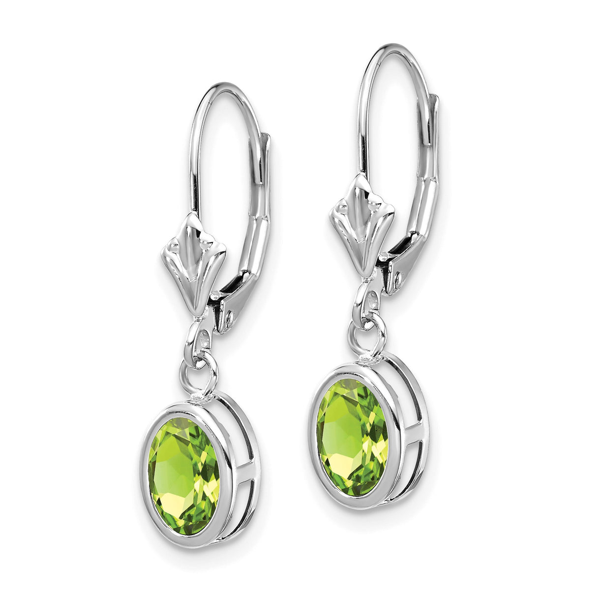 14k White Gold Dangle Earrings with Oval Cut Peridot in Bezel Setting and Leverback Drops