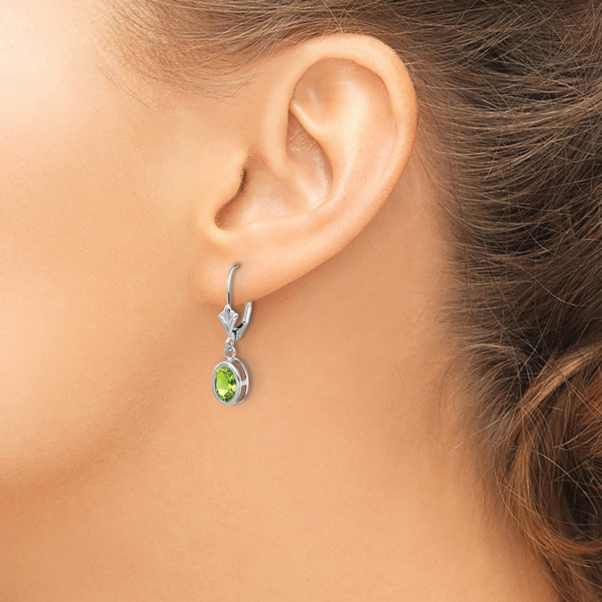 14k White Gold Dangle Earrings with Oval Cut Peridot in Bezel Setting and Leverback Drops