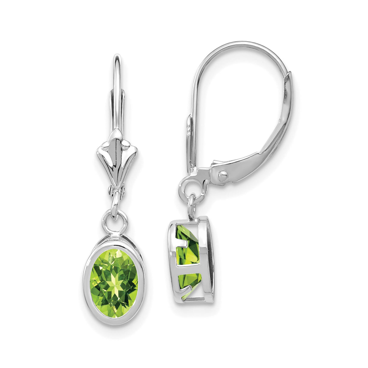 14k White Gold Dangle Earrings with Oval Cut Peridot in Bezel Setting and Leverback Drops