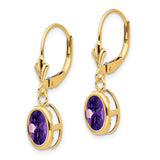 14k Yellow Gold Dangle Earrings with Oval Amethyst in Bezel Setting, Leverback Drop Design