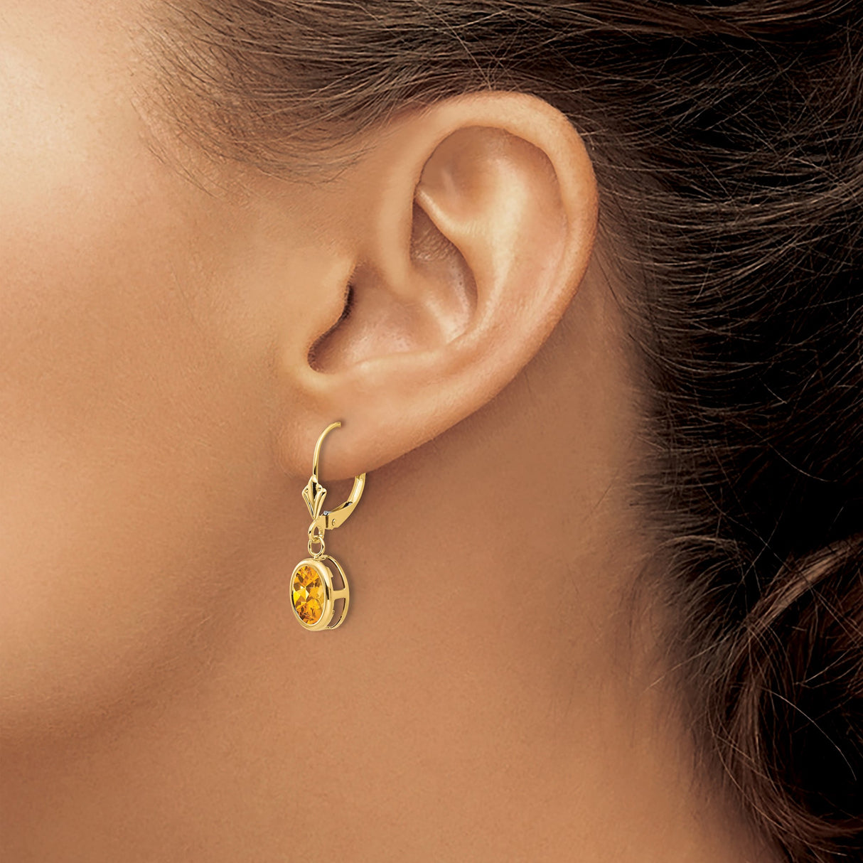 14k Yellow Gold Drop Earrings with Oval Citrine in Bezel Setting, Leverback Clasps