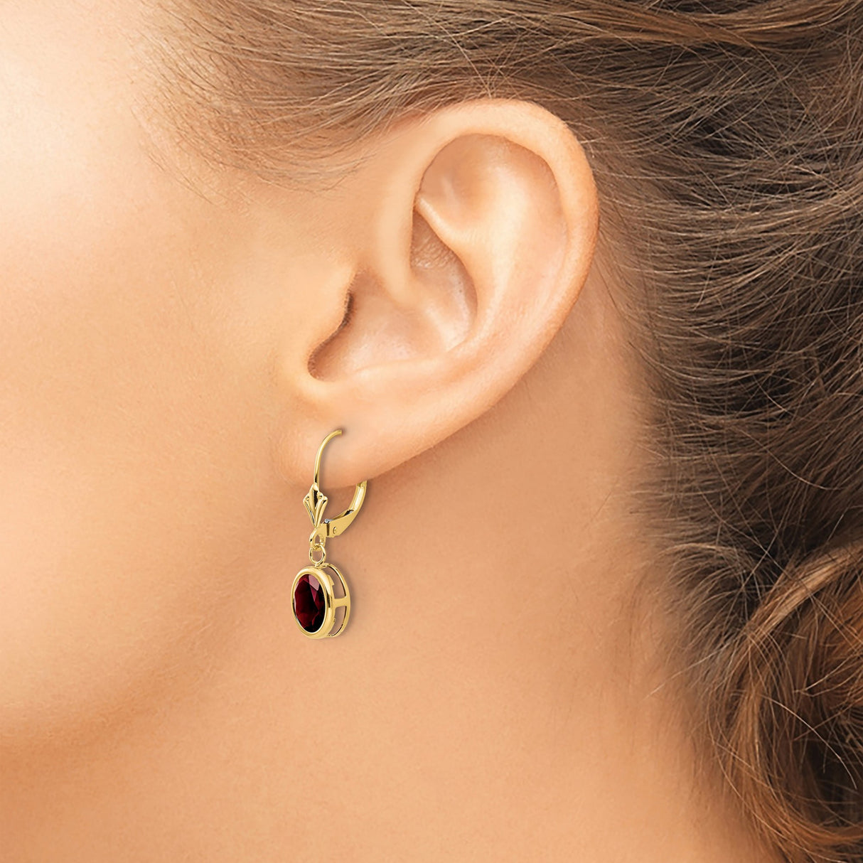 14k Yellow Gold Leverback Earrings with Created Ruby in Bezel Setting, Ruby Dangle Jewelry