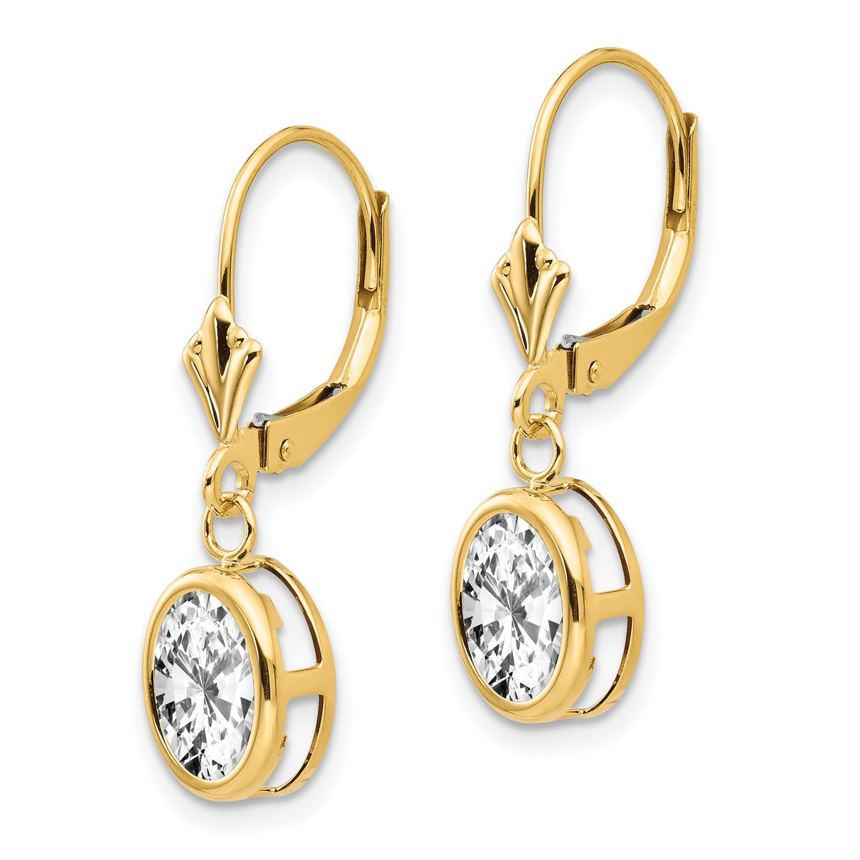 14k Yellow Gold Drop Earrings with Oval Cut Cubic Zirconia in Bezel Setting