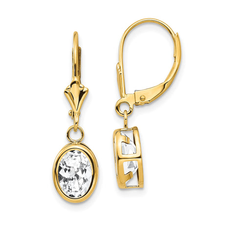 14k Yellow Gold Drop Earrings with Oval Cut Cubic Zirconia in Bezel Setting