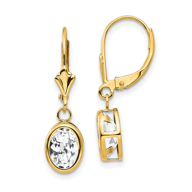 14k Yellow Gold Drop Earrings with Oval Cut Cubic Zirconia in Bezel Setting