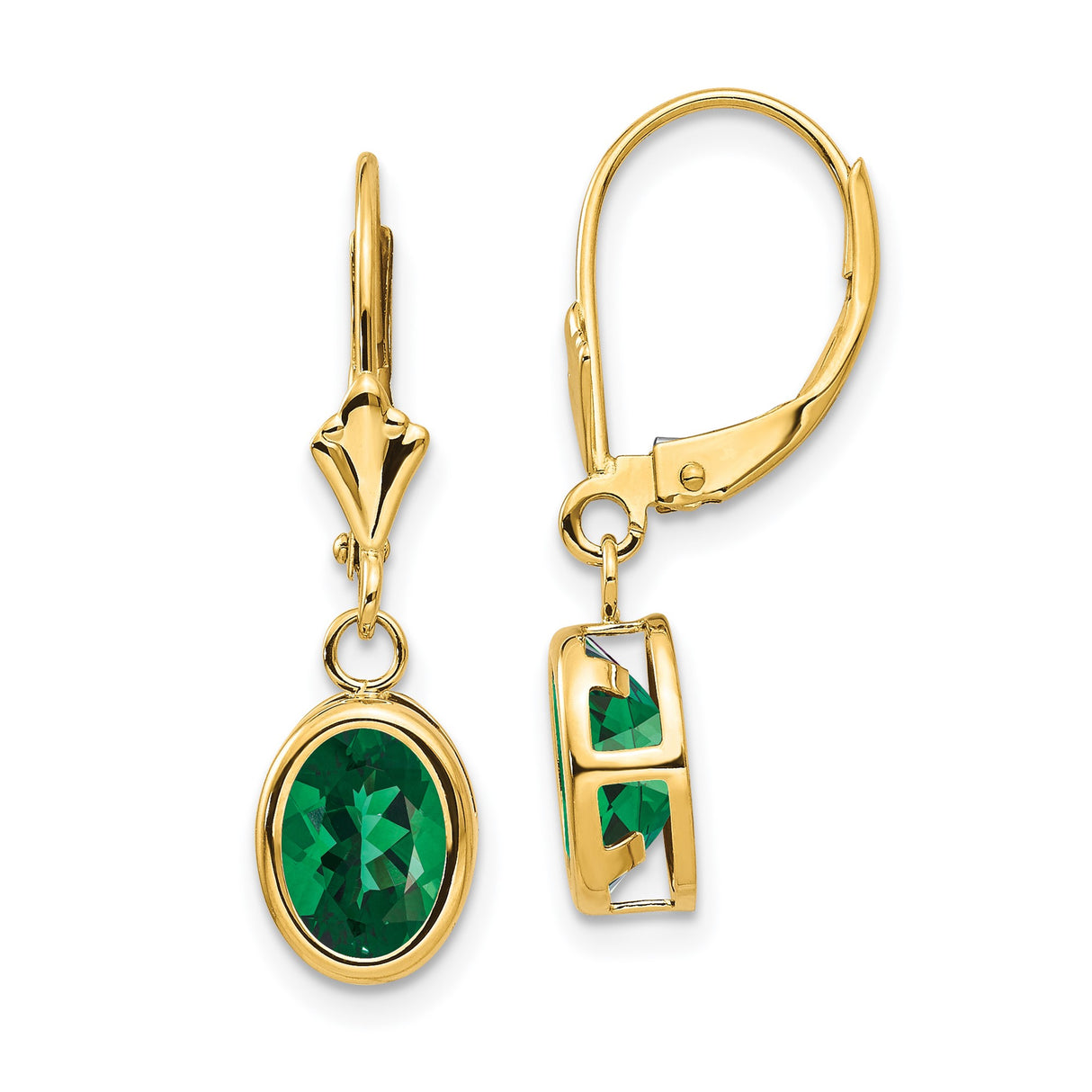 14k Yellow Gold Leverback Drop Earrings with Green Helenite in Bezel Setting