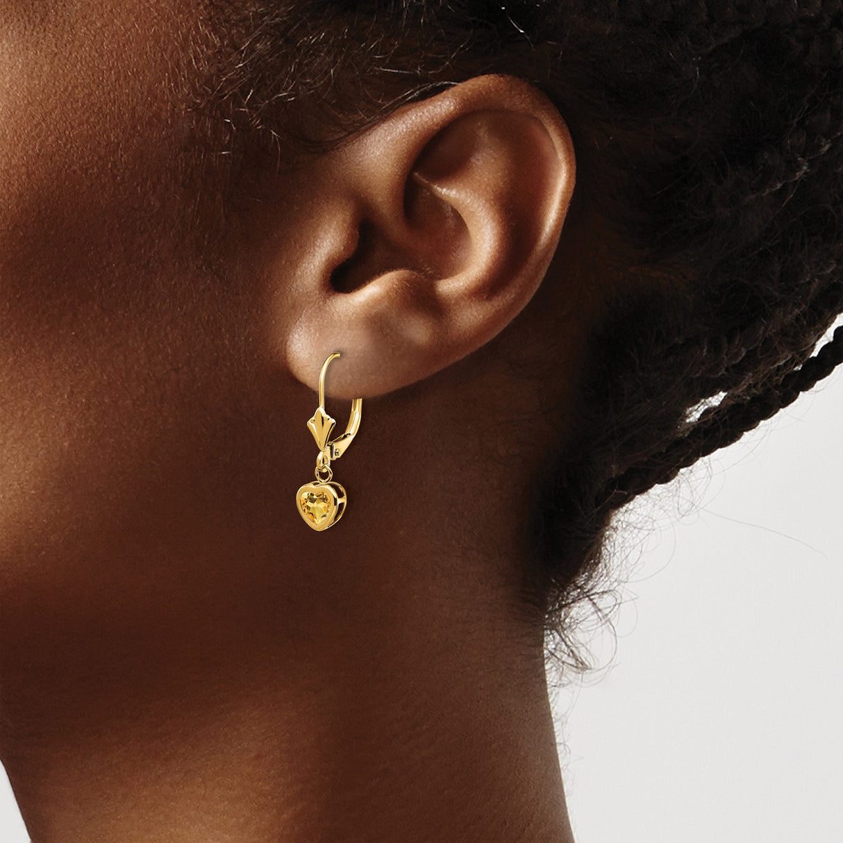 14k Yellow Gold Heart Drop Earrings with Citrine, Leverback Dangle Design for Women