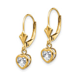 14k Yellow Gold Heart Drop Earrings with Cubic Zirconia, Leverback Dangles for Women