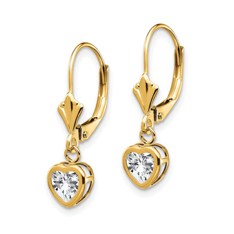 14k Yellow Gold Heart Drop Earrings with Cubic Zirconia, Leverback Dangles for Women