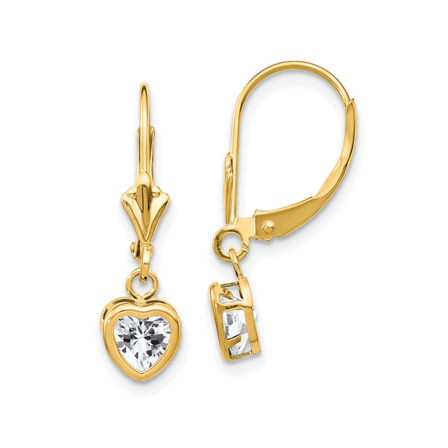 14k Yellow Gold Heart Drop Earrings with Cubic Zirconia, Leverback Dangles for Women