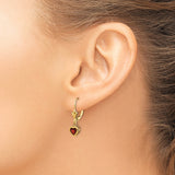 14k Yellow Gold Heart Drop Earrings with Garnet, Leverback Dangle Style for Women
