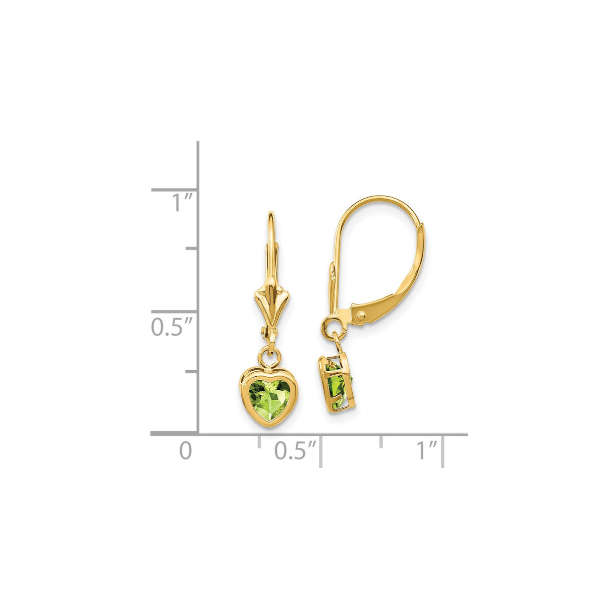 14k Yellow Gold Heart Dangle Earrings with Peridot Gemstones and Leverback Closures