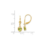 14k Yellow Gold Heart Dangle Earrings with Peridot Gemstones and Leverback Closures