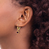 14k Yellow Gold Heart Dangle Earrings with Rhodolite Garnet Drops, Leverback Closure