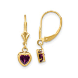 14k Yellow Gold Heart Dangle Earrings with Rhodolite Garnet Drops, Leverback Closure
