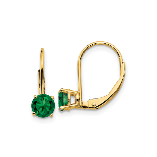 14k Yellow Gold Leverback Earrings with Round Green Helenite, Solitaire Dangle Design