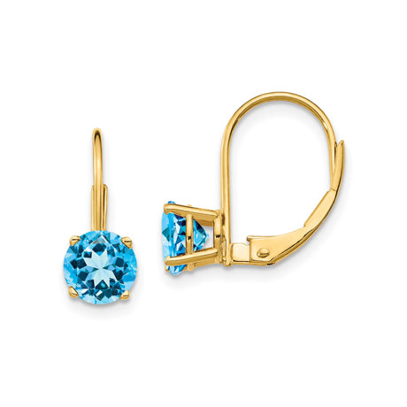 14k Yellow Gold Leverback Earrings for Women with Round Blue Topaz in Four Prong Setting, Elegant Minimalist Gemstone Drop Design, Real Gold Fine Jewelry, Classic Birthstone Accessory