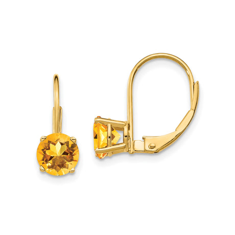 14k Yellow Gold Leverback Earrings with Round Citrine, Dainty Drop Design for Women