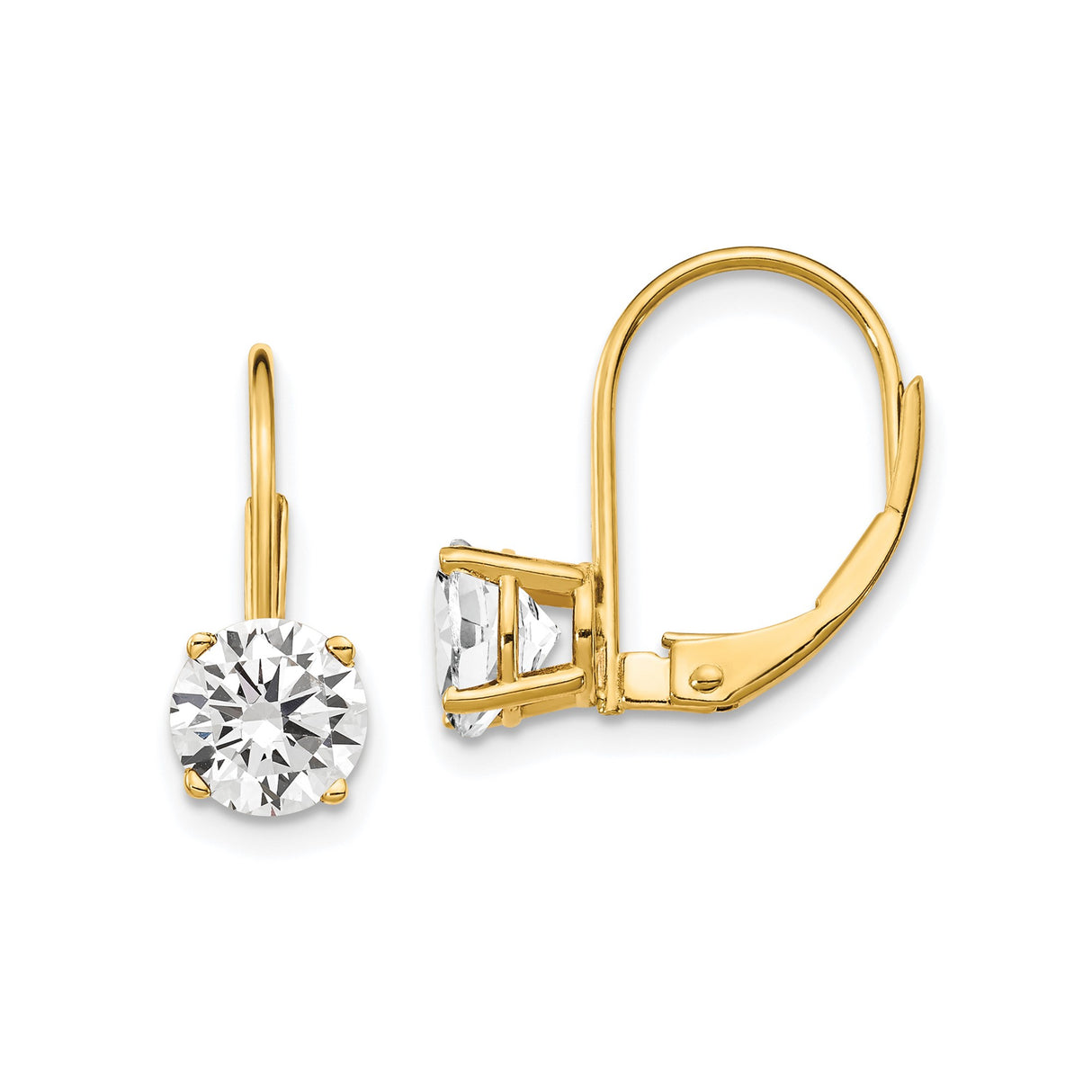 14k Yellow Gold Leverback Earrings with Round Cubic Zirconia, Dangle Drop Design for Women
