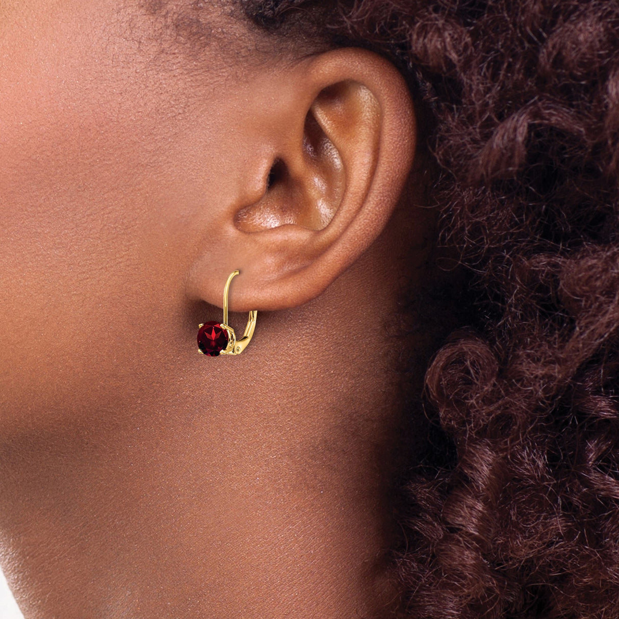 14k Yellow Gold Leverback Earrings with Round Garnet, Classic Dangle Design for Women