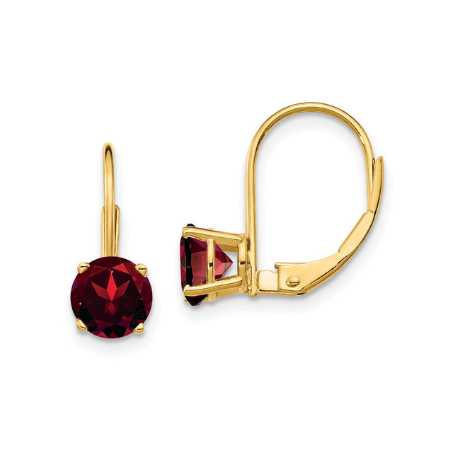 14k Yellow Gold Leverback Earrings with Round Garnet, Classic Dangle Design for Women