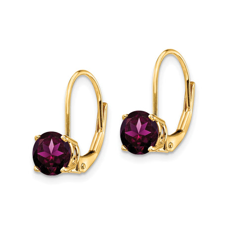 14k Yellow Gold Leverback Earrings with Rhodolite Garnet, Prong Set Drop Style