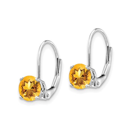 14k White Gold Leverback Earrings with Round Citrine Gemstone Drops, Dangle Style for Women
