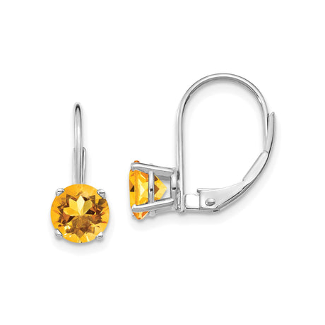 14k White Gold Leverback Earrings with Round Citrine Gemstone Drops, Dangle Style for Women