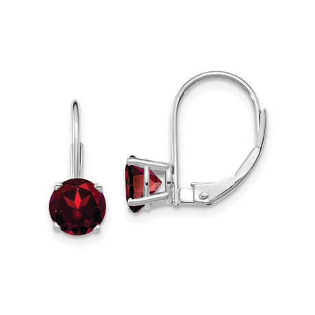 14k White Gold Leverback Earrings with Garnet, Classic January Birthstone Dangle Design