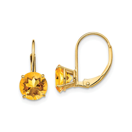 14k Yellow Gold Leverback Earrings with Round Cut Citrine Gemstone for Women, Natural November Birthstone Dangle Jewelry, Simple Fine Gold Earrings for Everyday Wear or Special Occasions