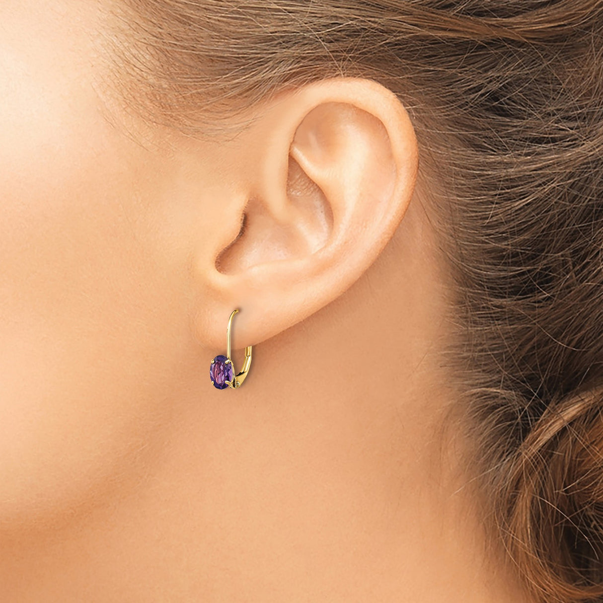 14k Yellow Gold Leverback Drop Earrings with Created Ruby Oval Gemstones, Romantic Style for Women