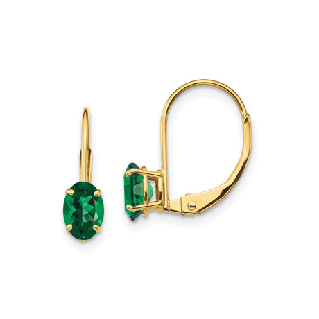 14k Yellow Gold Leverback Earrings with Oval Green Helenite, Drop Dangle Style